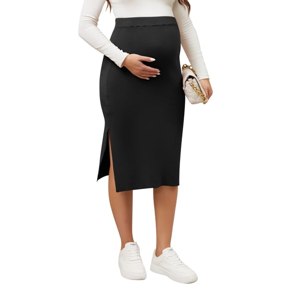 DARING DIVA Women's Maternity Skirt Ribbed Stretchy Elastic Waist Over Belly S Black