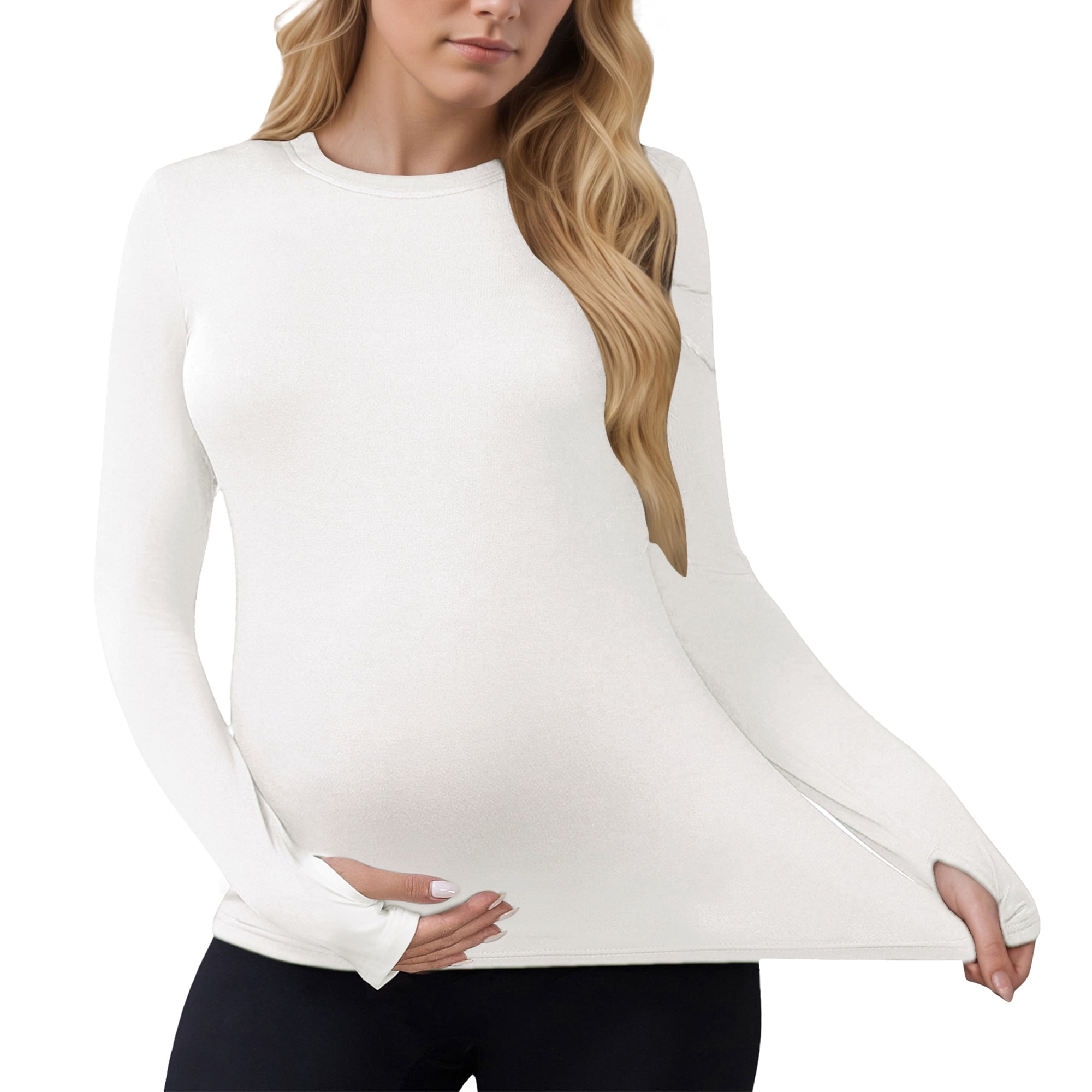 DARING DIVA Women's Maternity Stretchy Fitted Crew Neck Long Sleeve Tops L White