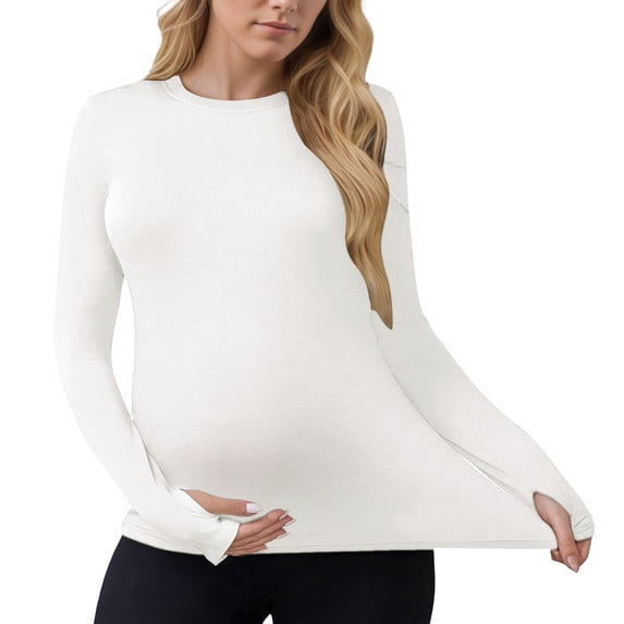 DARING DIVA Women's Maternity Stretchy Fitted Crew Neck Long Sleeve Tops M White