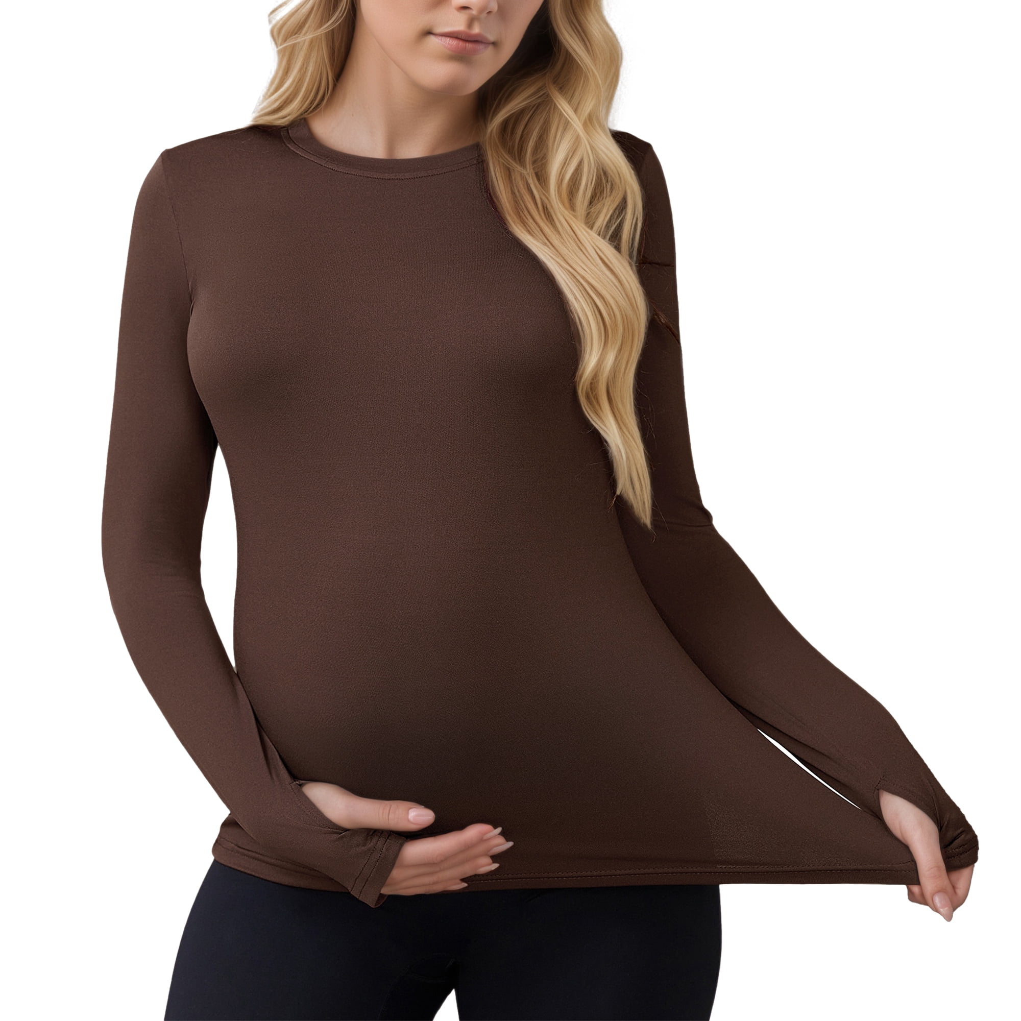 DARING DIVA Women's Maternity Stretchy Fitted Crew Neck Long Sleeve Tops S Brown