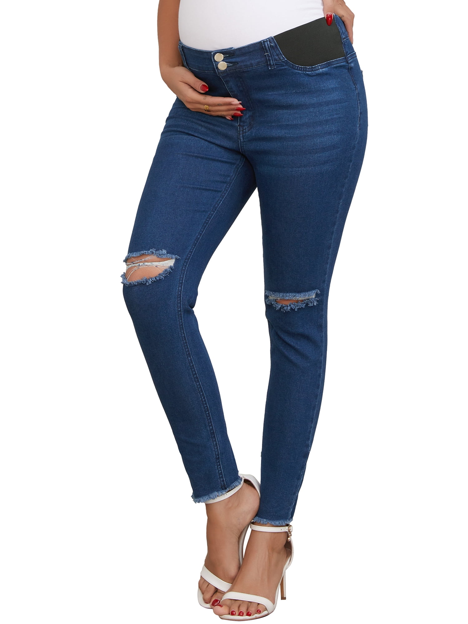 DARING DIVA Women's Maternity Stretchy Ripped Pregnancy Work Denim Pants M Deep Blue