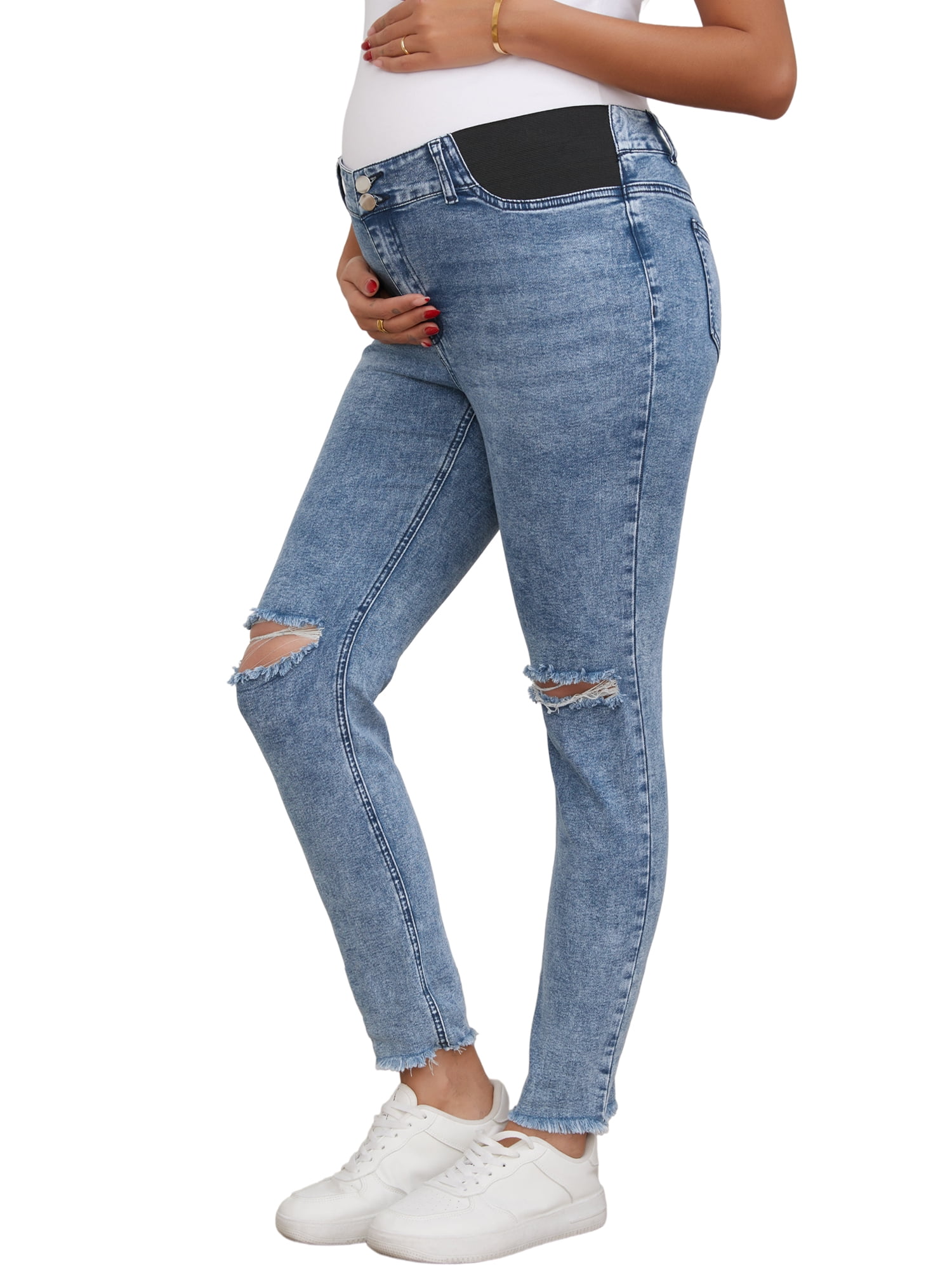 DARING DIVA Women's Maternity Stretchy Ripped Pregnancy Work Denim Pants XL Light Blue