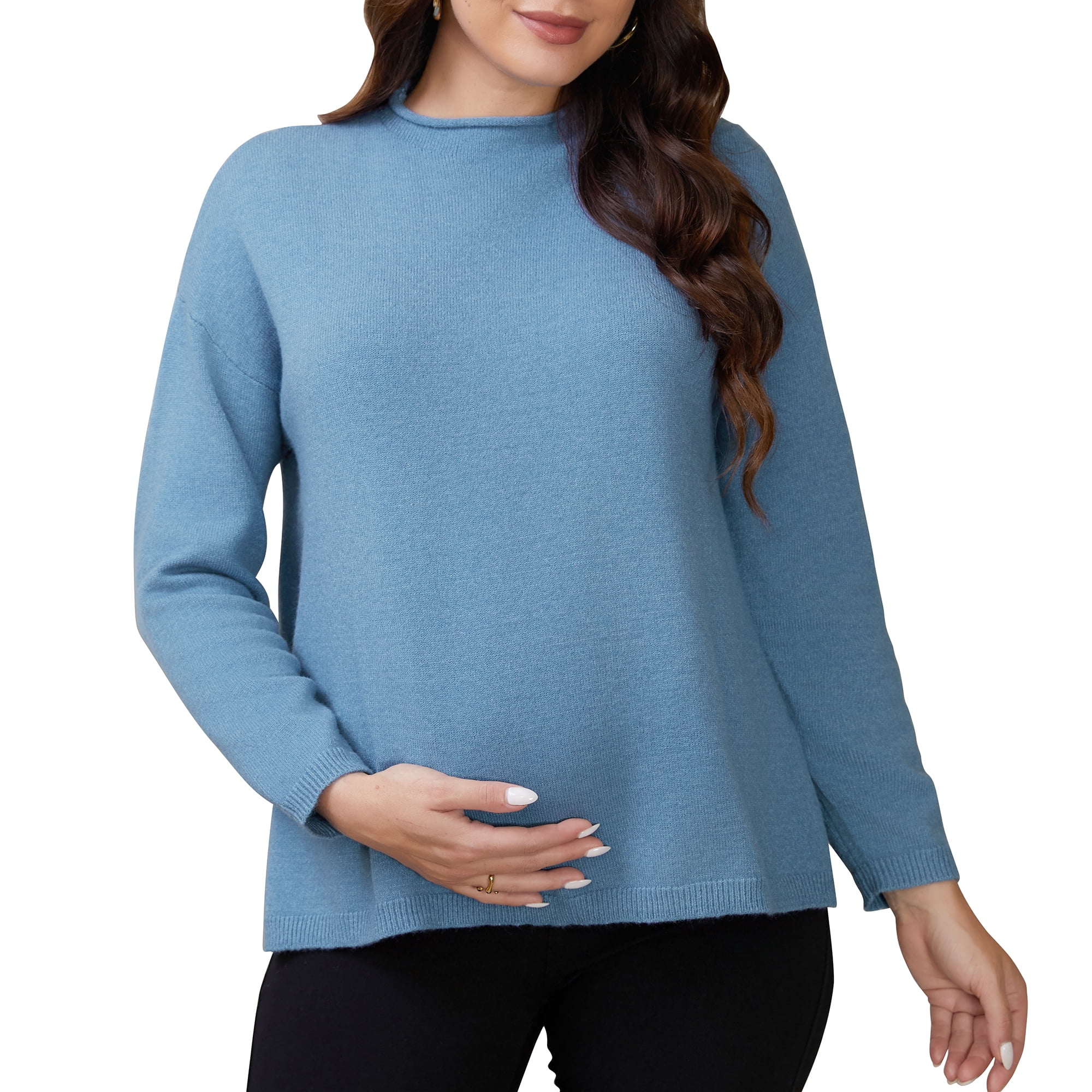 DARING DIVA Women's Maternity Striped Mock Neck Long Sleeve Sweater 2XL Blue