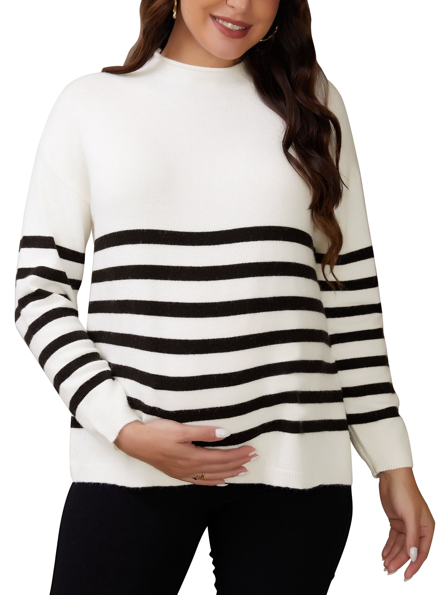 DARING DIVA Women's Maternity Striped Mock Neck Long Sleeve Sweater 2XL White