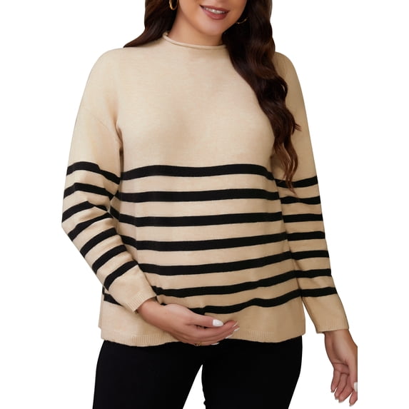 DARING DIVA Women's Maternity Striped Mock Neck Long Sleeve Sweater L Brown