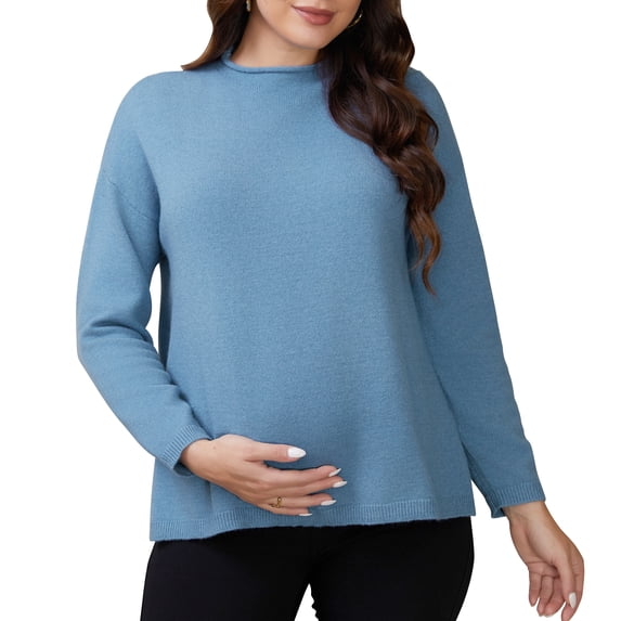 DARING DIVA Women's Maternity Striped Mock Neck Long Sleeve Sweater S Blue