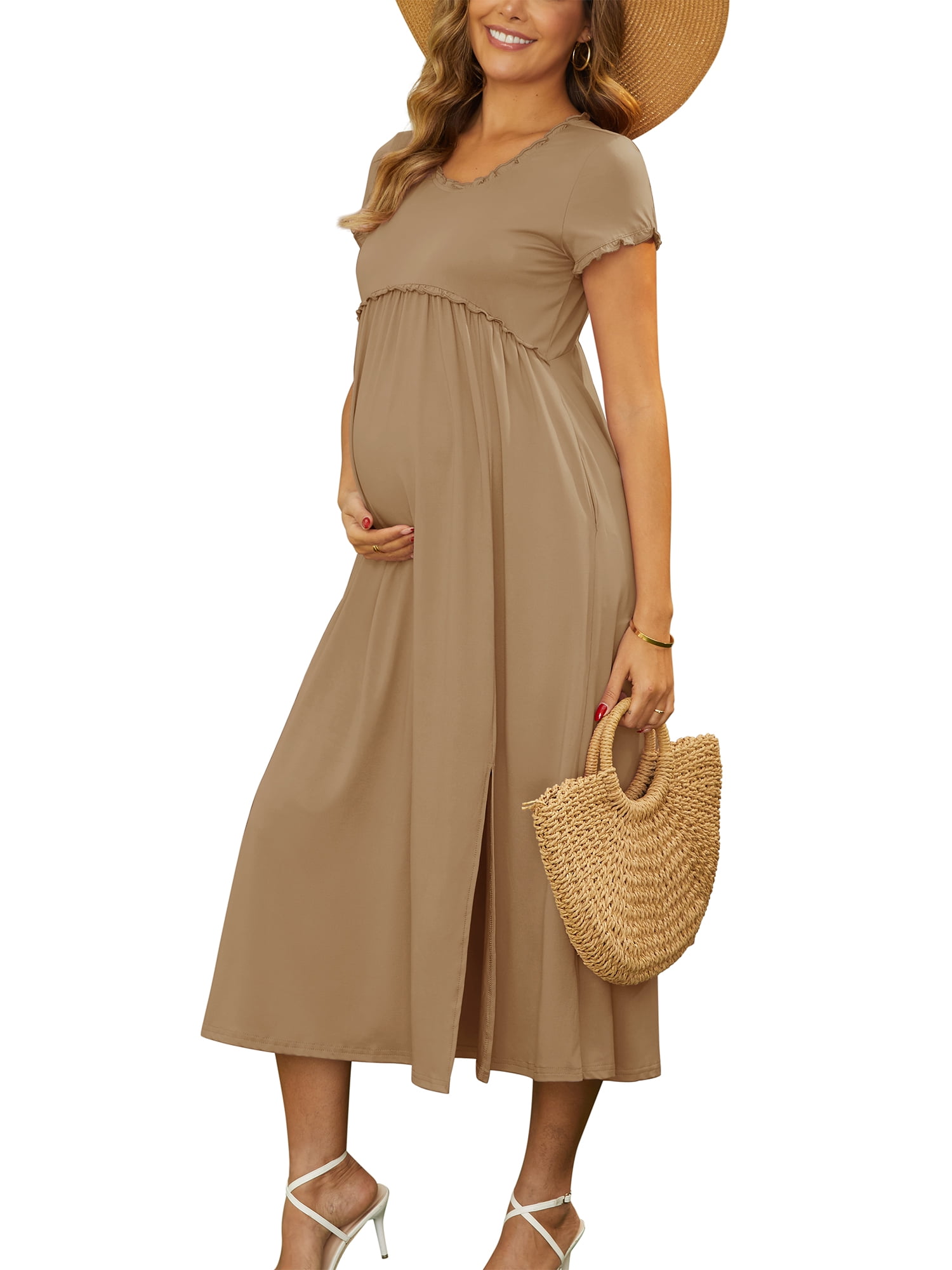 DARING DIVA Women's Maternity Summer Ruffled Pleating Casual Work Maxi Dress 2XL Khaki