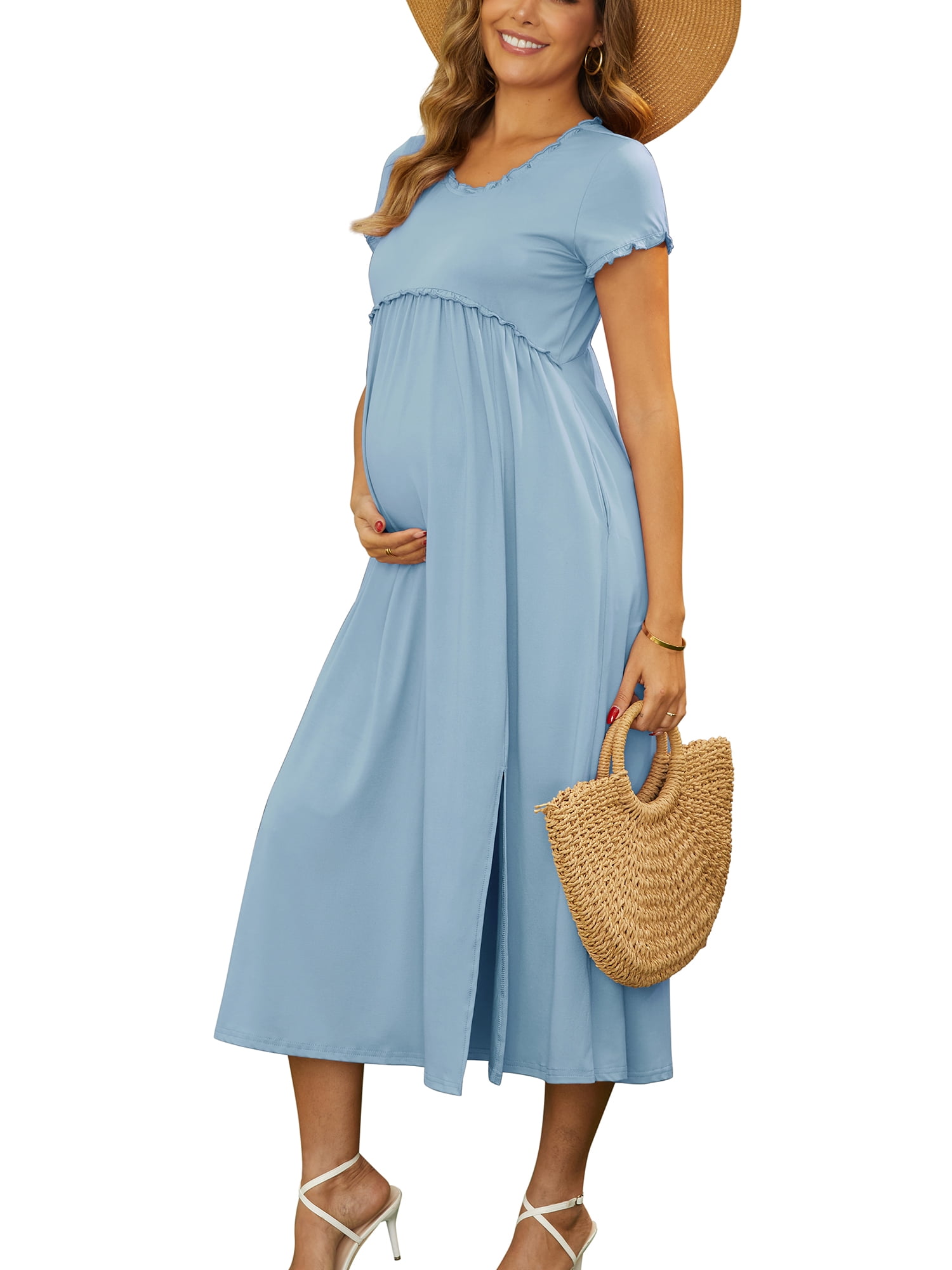 DARING DIVA Women's Maternity Summer Ruffled Pleating Casual Work Maxi Dress L Blue
