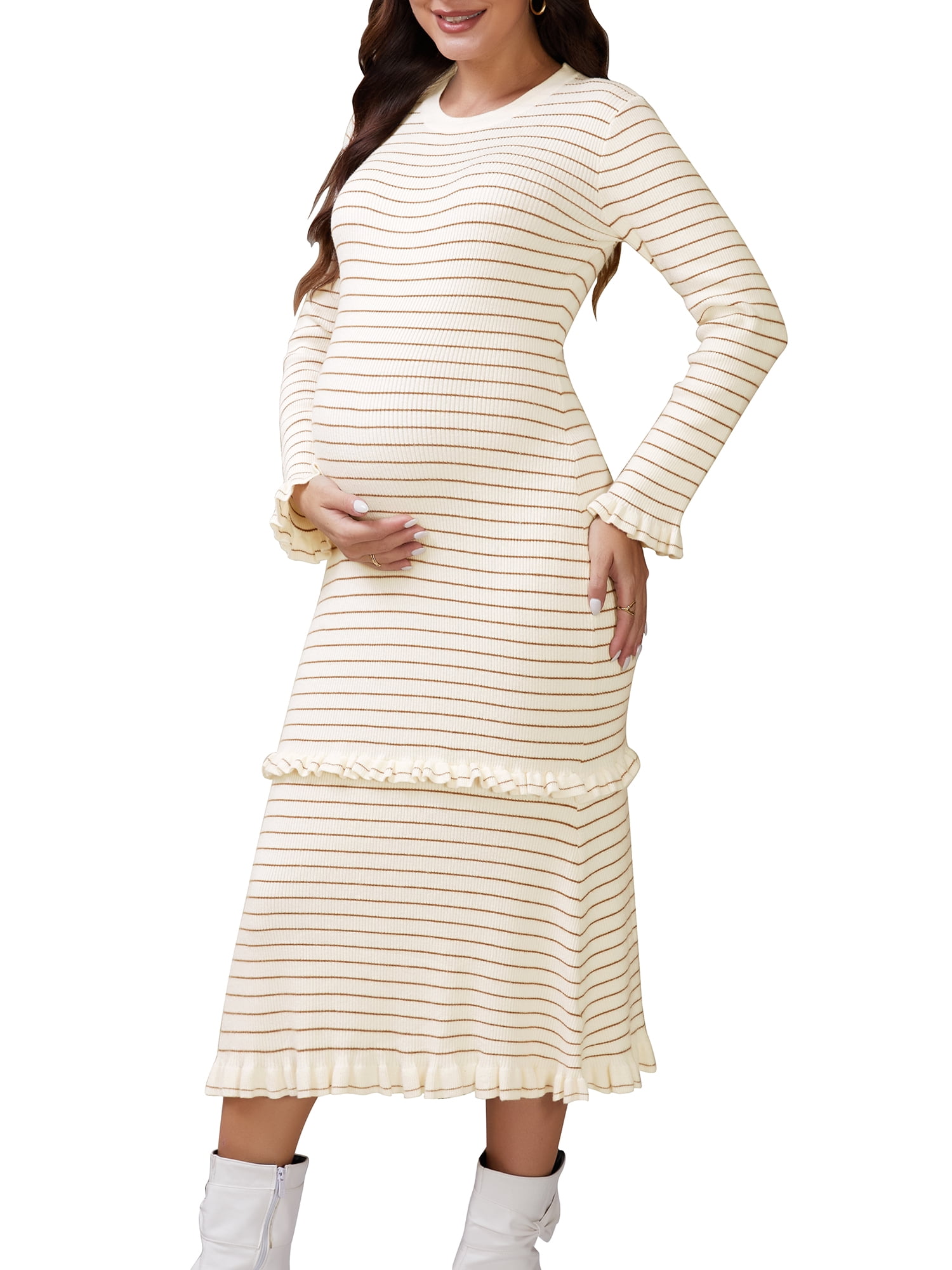 DARING DIVA Women's Maternity Sweater Ribbed Knit Striped Long Sleeve Midi Dress M Beige