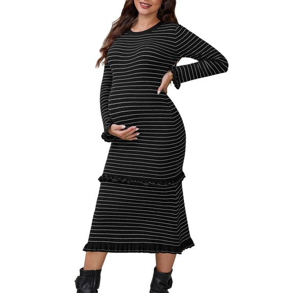 DARING DIVA Women's Maternity Sweater Ribbed Knit Striped Long Sleeve Midi Dress S Black