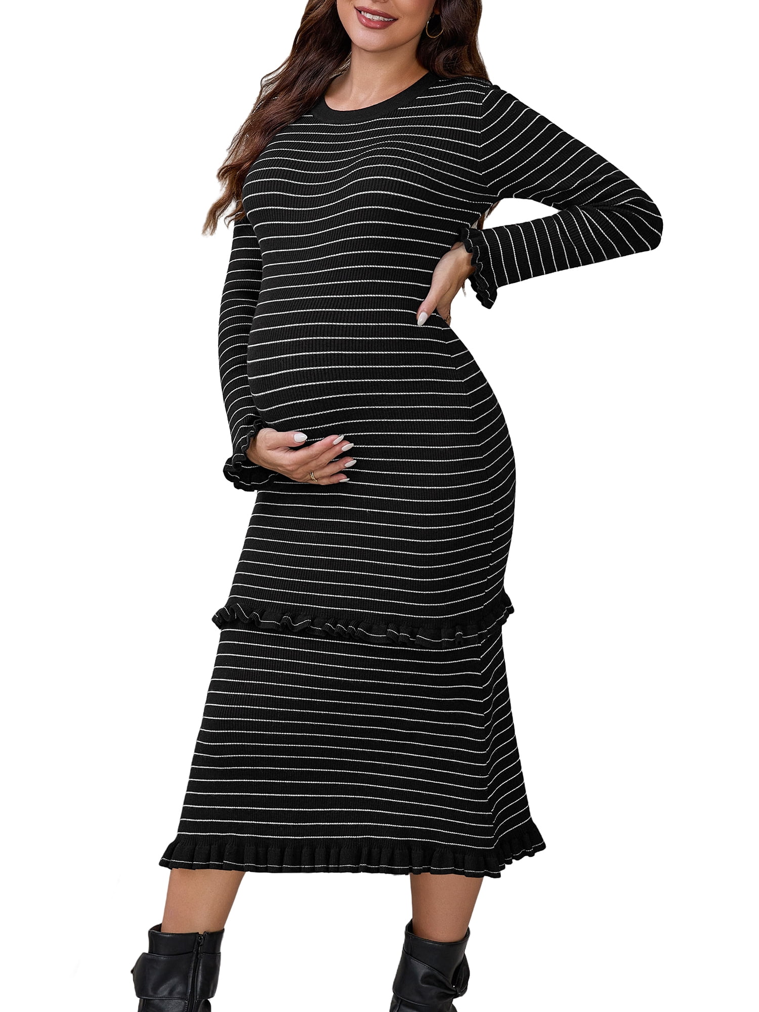 DARING DIVA Women's Maternity Sweater Ribbed Knit Striped Long Sleeve Midi Dress XL Black