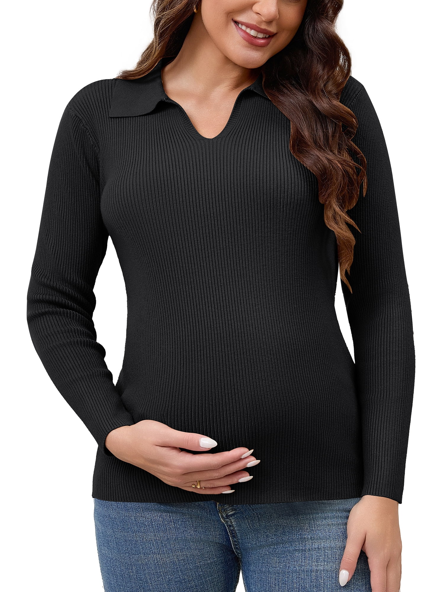 DARING DIVA Women's Maternity Sweater Ribbed Pullover Polo Sweater 2XL Black