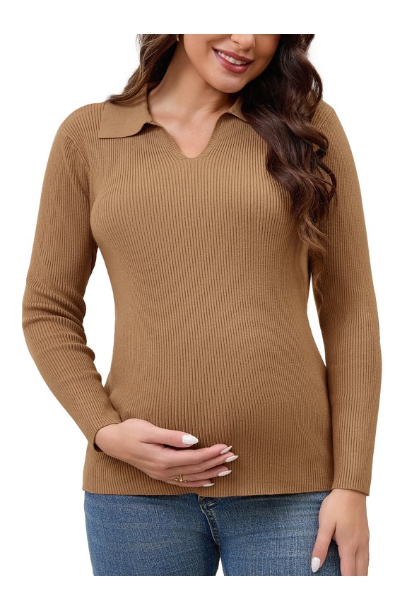 Women's Maternity Sweater Ribbed Pullover Polo Sweater 2XL Brown