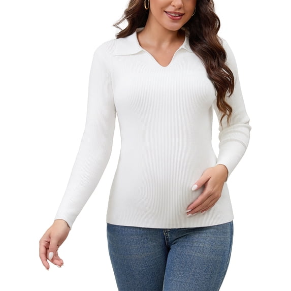 DARING DIVA Women's Maternity Sweater Ribbed Pullover Polo Sweater L White