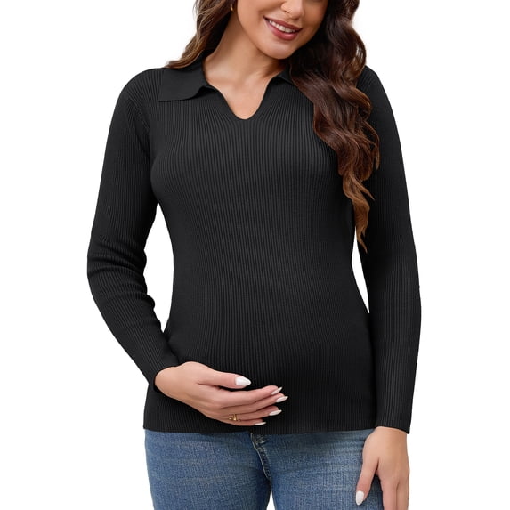 DARING DIVA Women's Maternity Sweater Ribbed Pullover Polo Sweater S Black