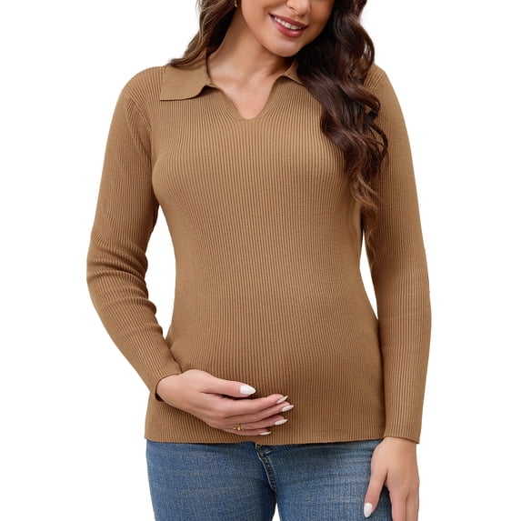 DARING DIVA Women's Maternity Sweater Ribbed Pullover Polo Sweater S Brown