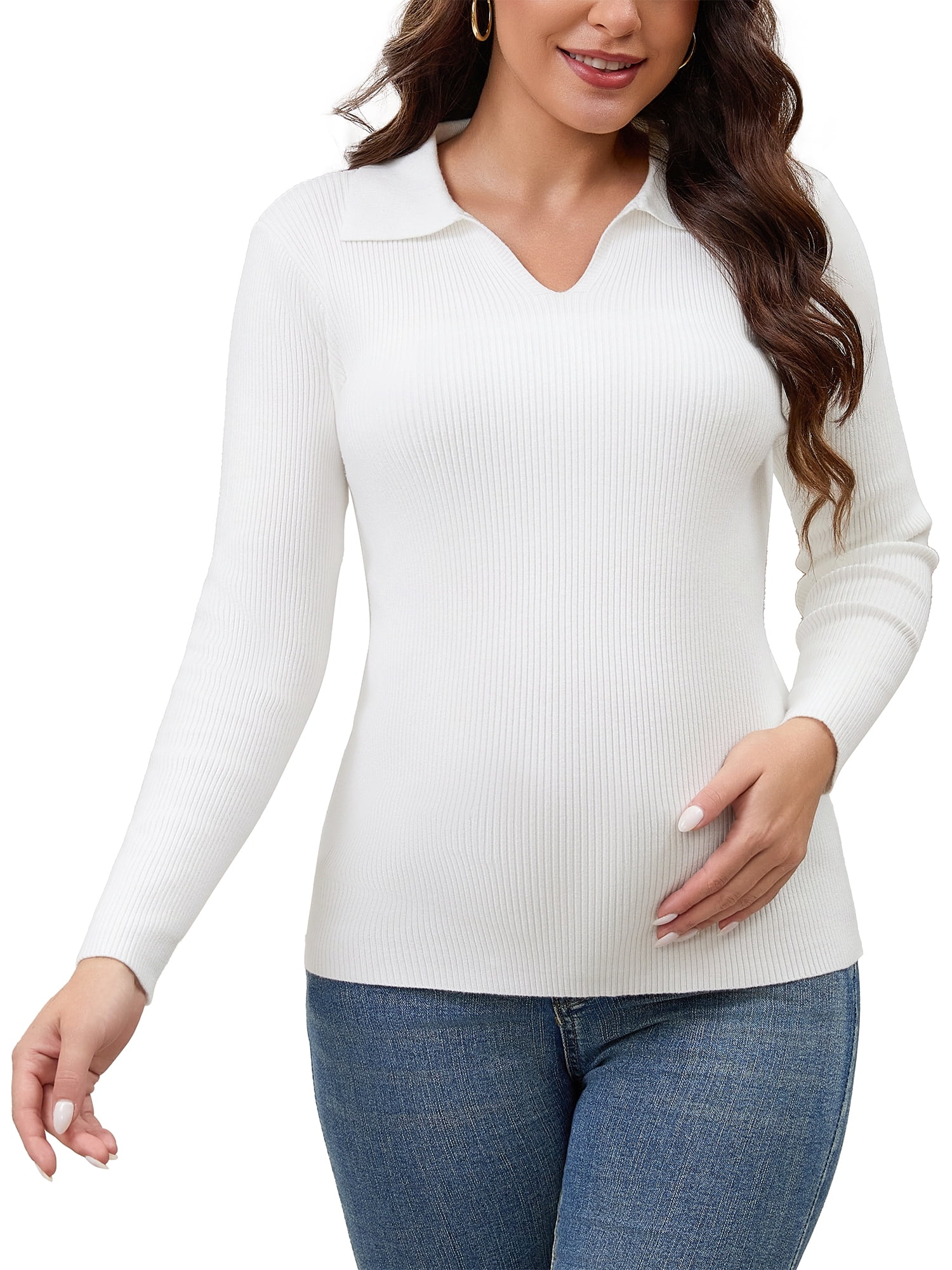 DARING DIVA Women's Maternity Sweater Ribbed Pullover Polo Sweater S White