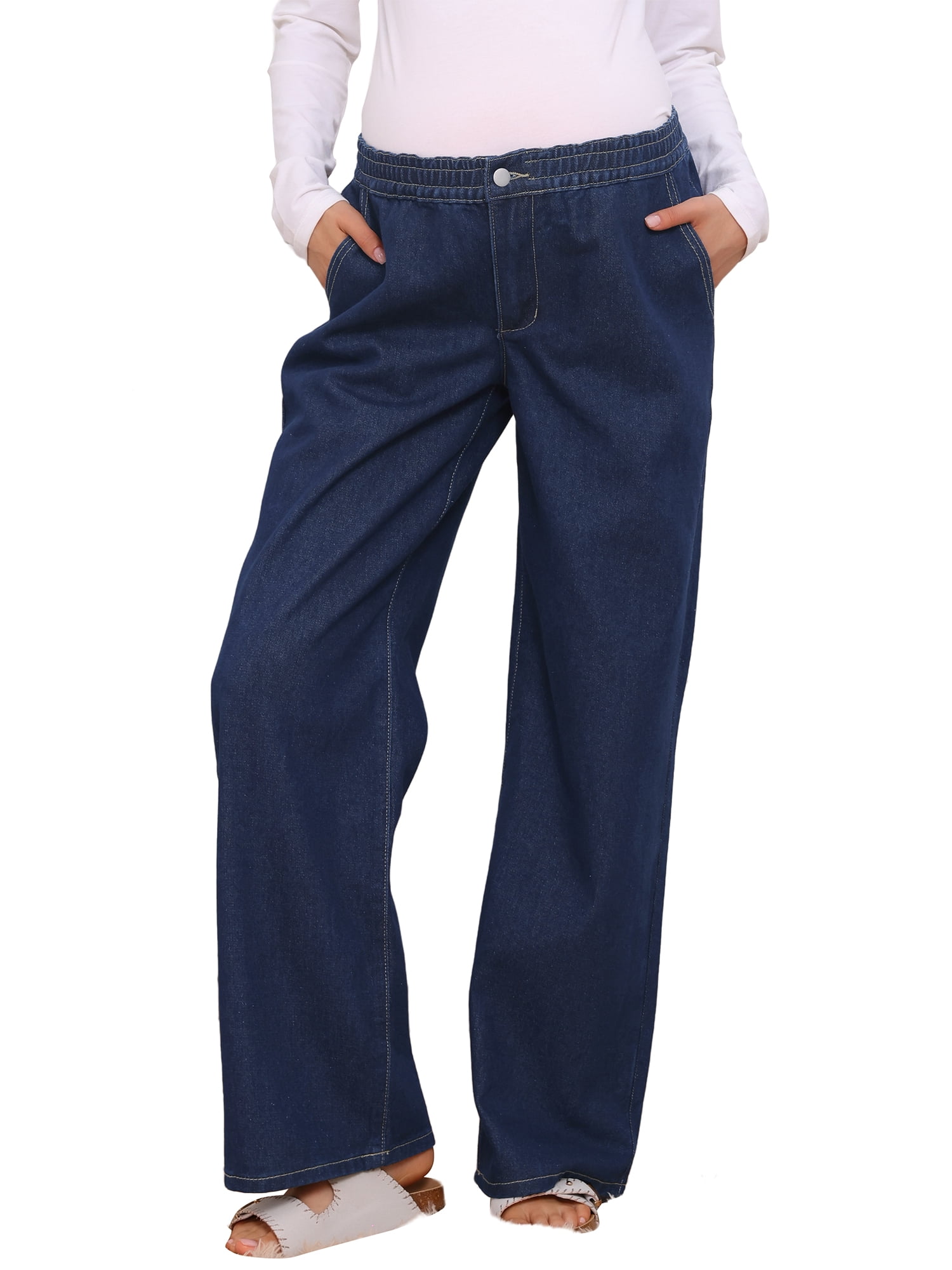 DARING DIVA Women's Maternity  Wide Leg Loose Middle Waist Denim Pants S Deep Blue