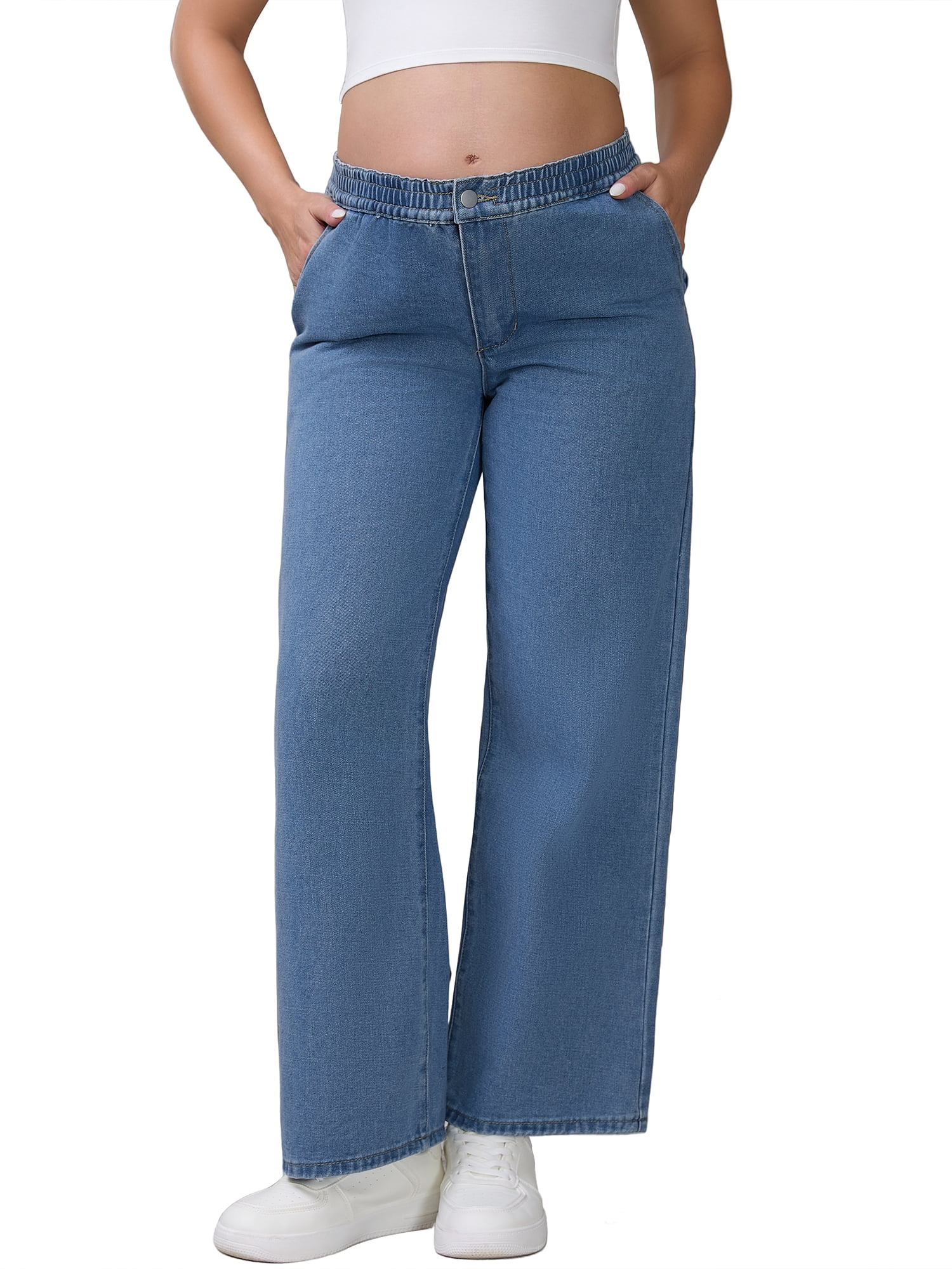 DARING DIVA Women's Maternity  Wide Leg Loose Middle Waist Denim Pants XL Blue