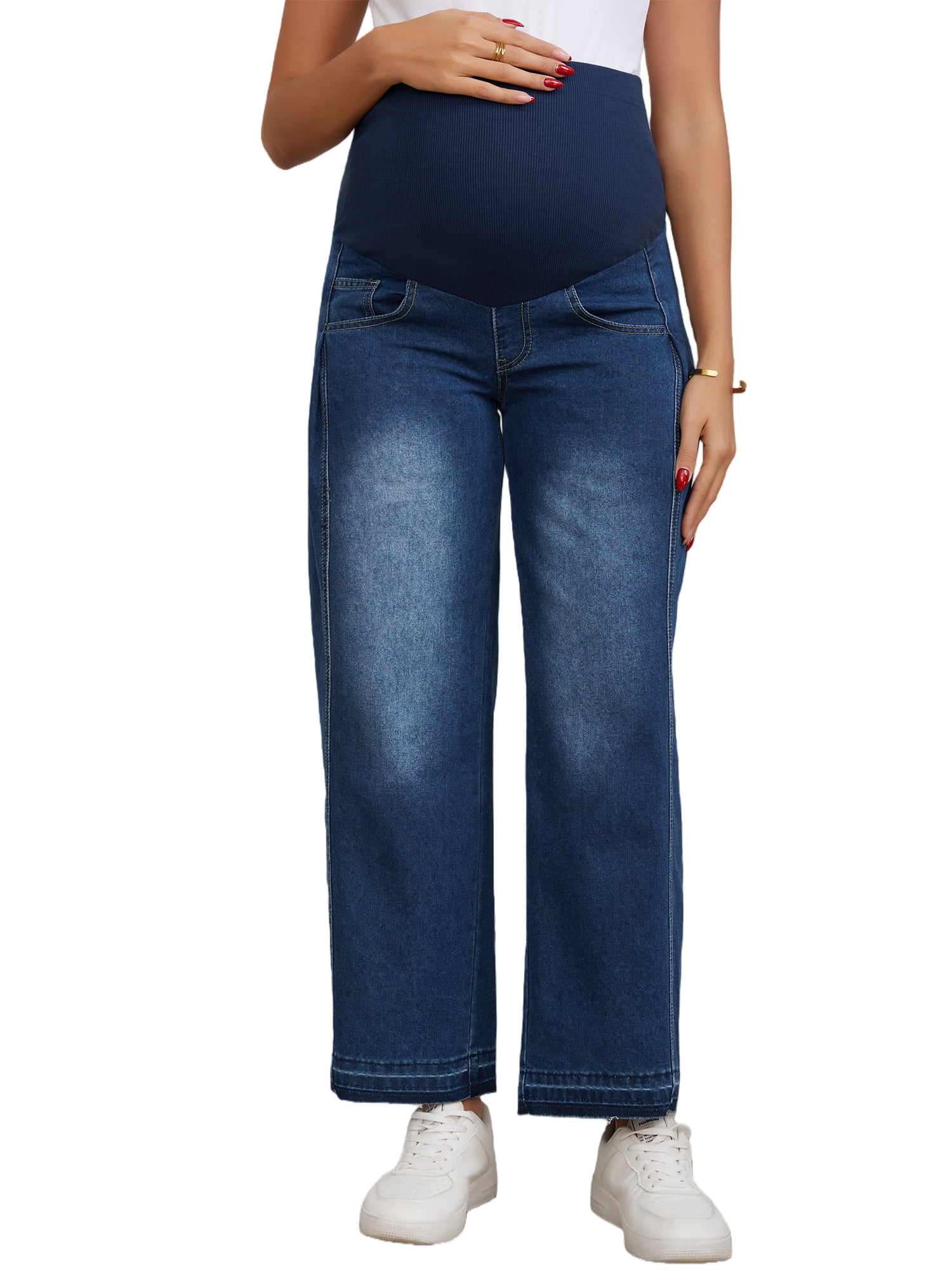DARING DIVA Women's Maternity Wide Leg Stretchy Over-the-Belly Jeans 2XL Dark Blue
