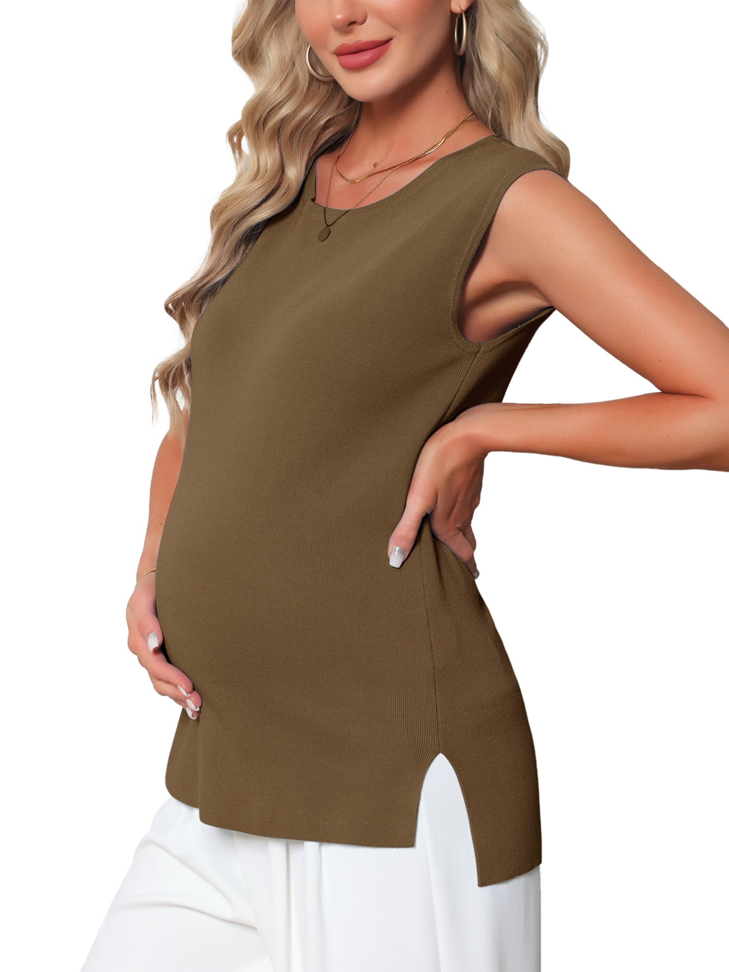 DARING DIVA Women's Maternity Work Sleeveless Knit Pullover Sweater Vest S Coffee