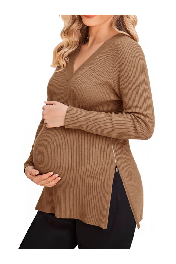 Women's Maternity Zipper Split Side Sweater for Breastfeeding L Khaki