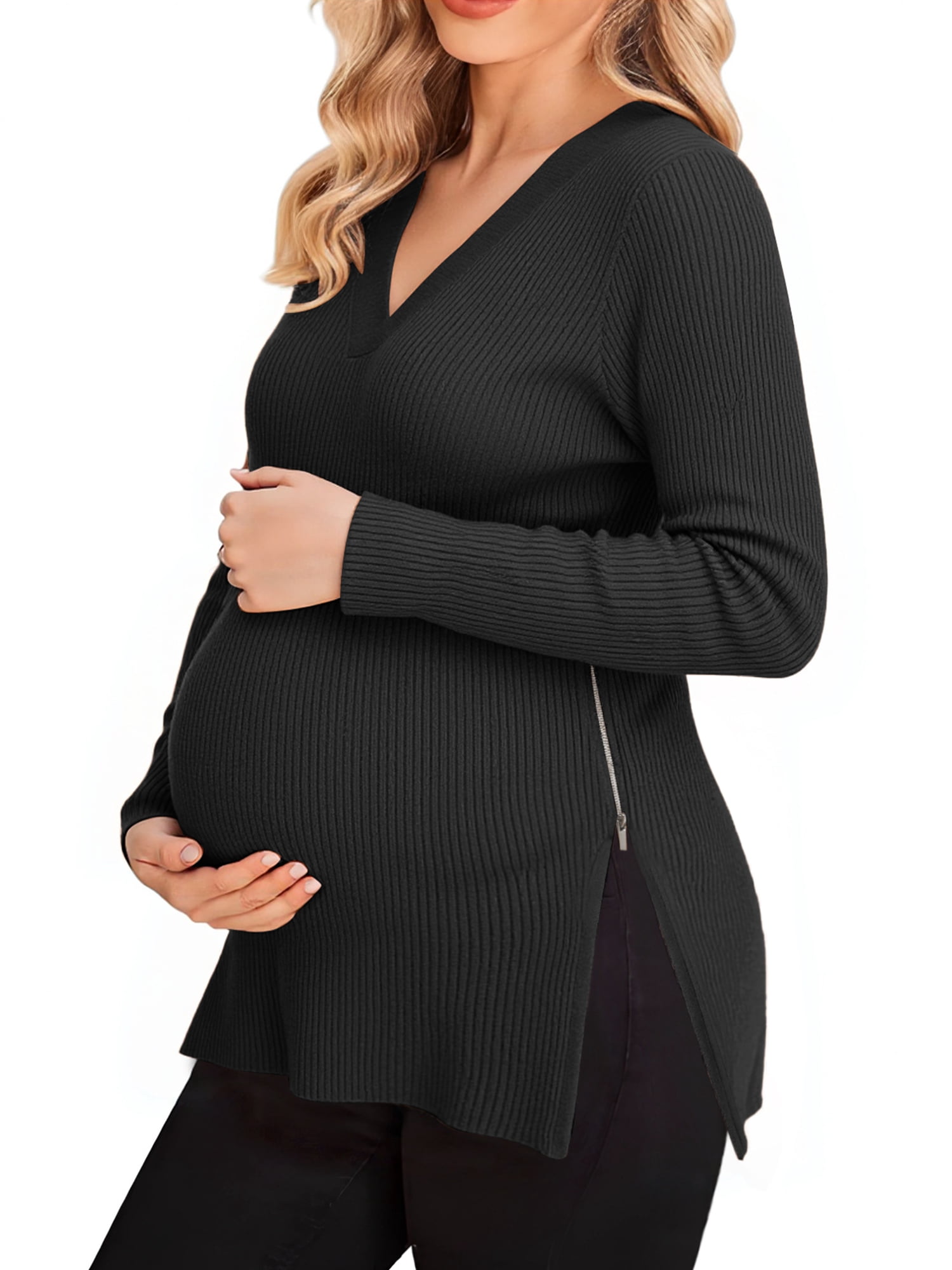 DARING DIVA Women's Maternity Zipper Split Side Sweater for Breastfeeding XL Black