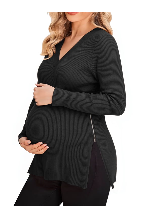 Women's Maternity Zipper Split Side Sweater for Breastfeeding XXL Black