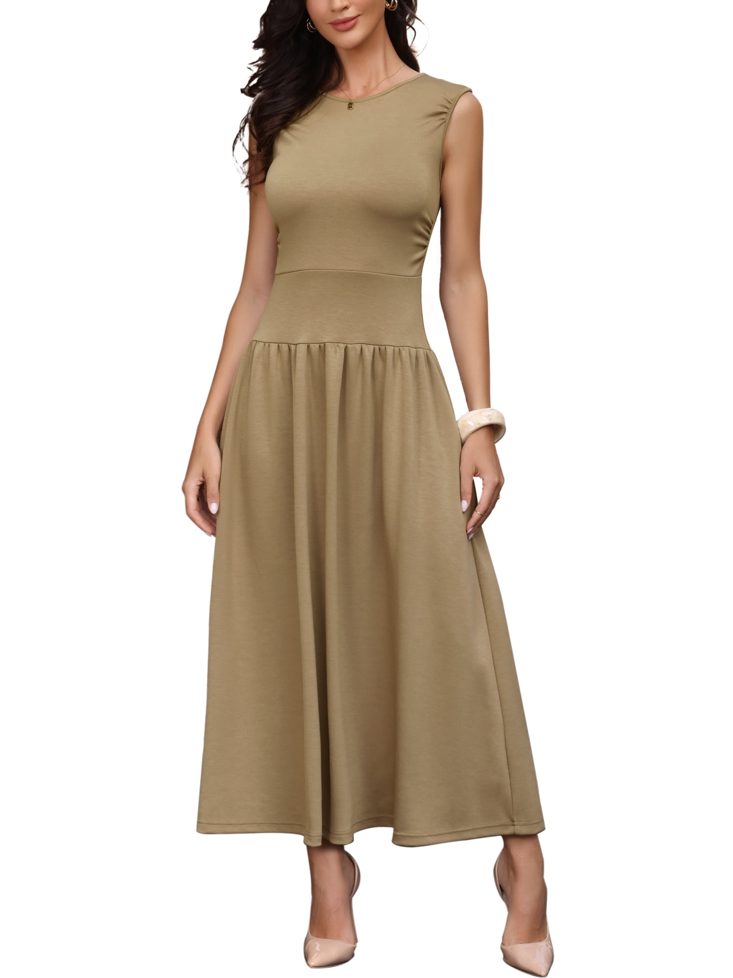 DARING DIVA Women's Maxi Dress Sleeveless Flowy Sundress Long Dresses S Khaki