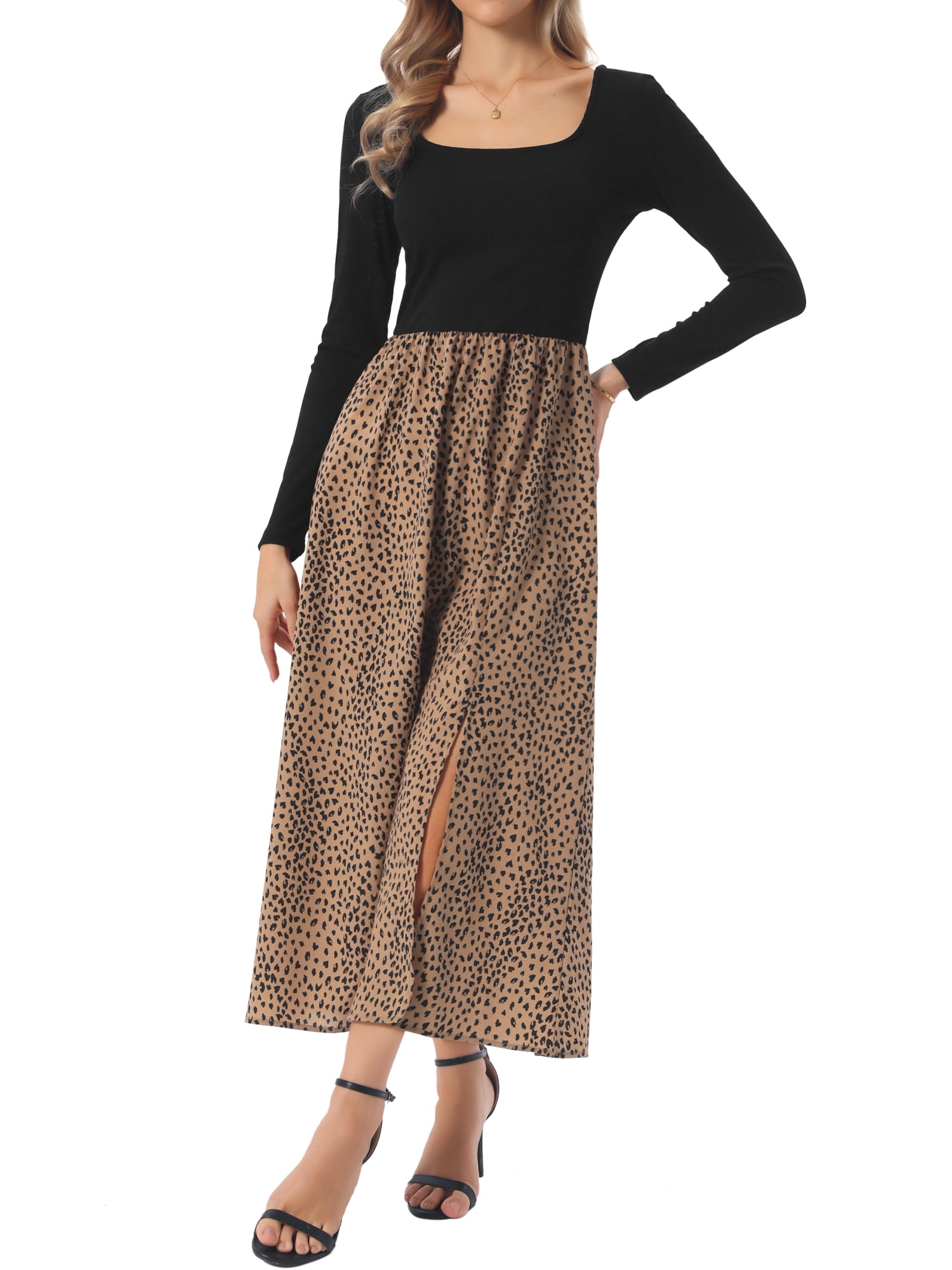 DARING DIVA Women's Maxi Long Sleeve Flowy Vintage Casual Floral Dress XL Black Khaki