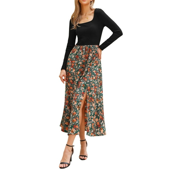 DARING DIVA Women's Maxi Long Sleeve Flowy Vintage Casual Floral Dress XS Black Green