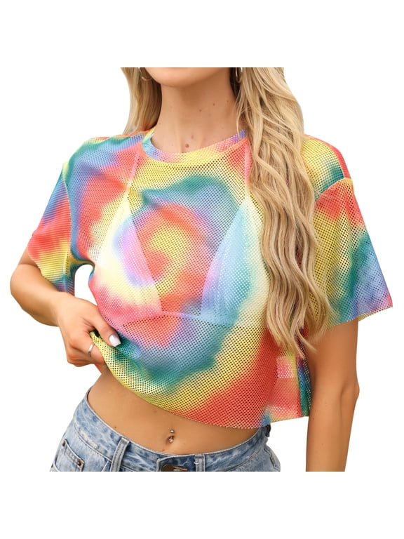 Women's Mesh Fishnet Top Short Sleeve See Through Cover Up S Rainbow