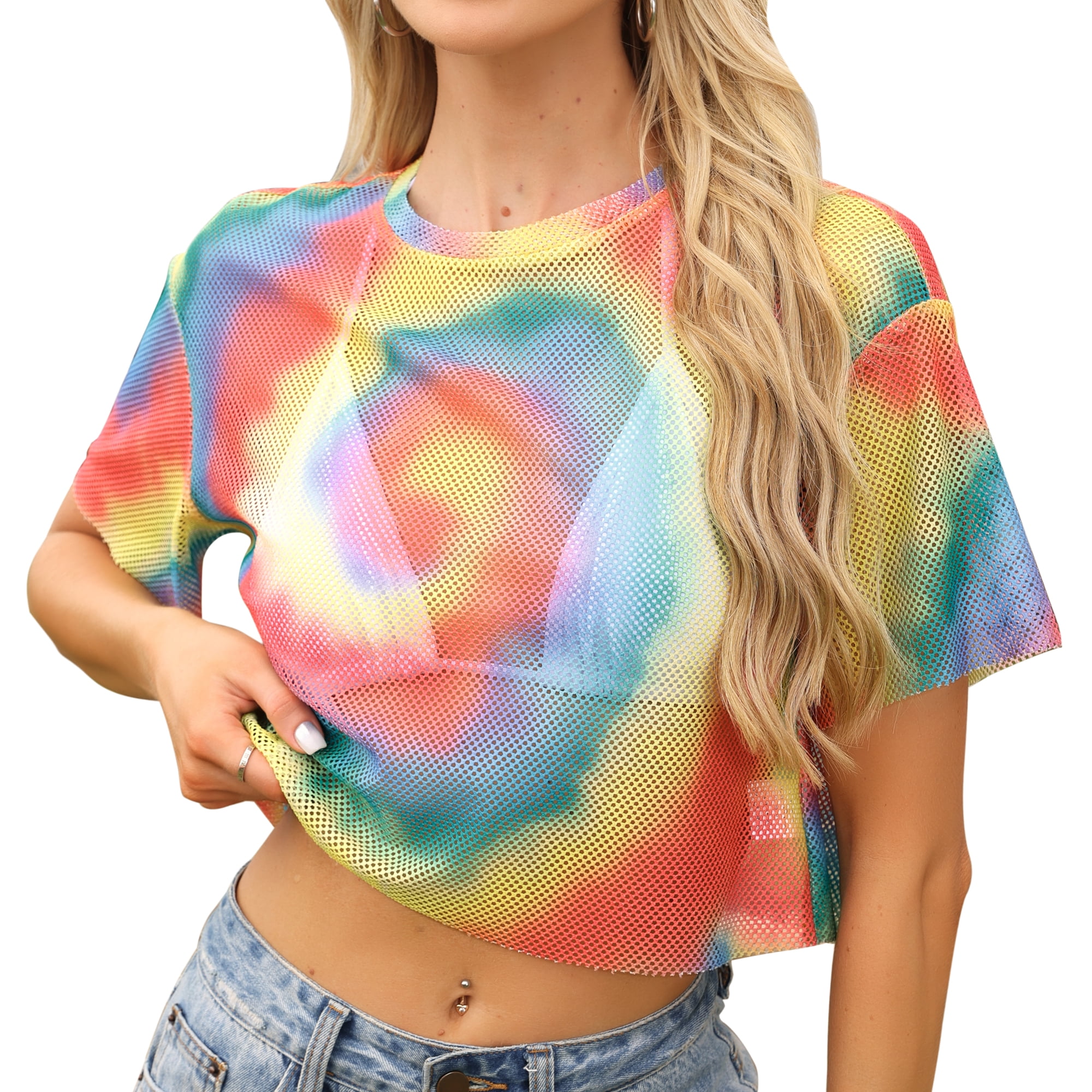 DARING DIVA Women's Mesh Fishnet Top Short Sleeve See Through Cover Up XL Rainbow