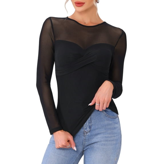 DARING DIVA Women's Mesh Long Sleeve See Through Sheer Top L Black