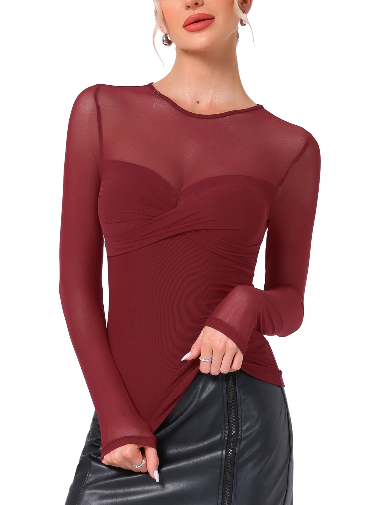 DARING DIVA Women's Mesh Long Sleeve See Through Sheer Top XS Dark Red