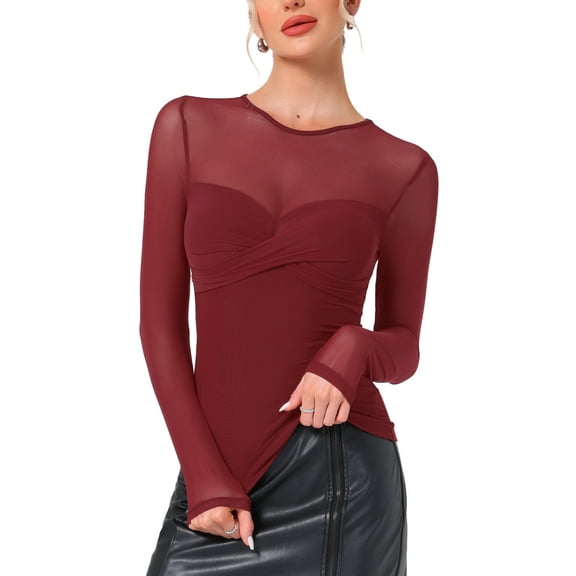 DARING DIVA Women's Mesh Long Sleeve See Through Sheer Top XS Dark Red