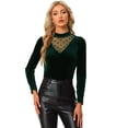 thumbnail image 1 of DARING DIVA Women's Mesh Panel Swiss Dot V-Cut Neck Patchwork Top S Dark Green, 1 of 6