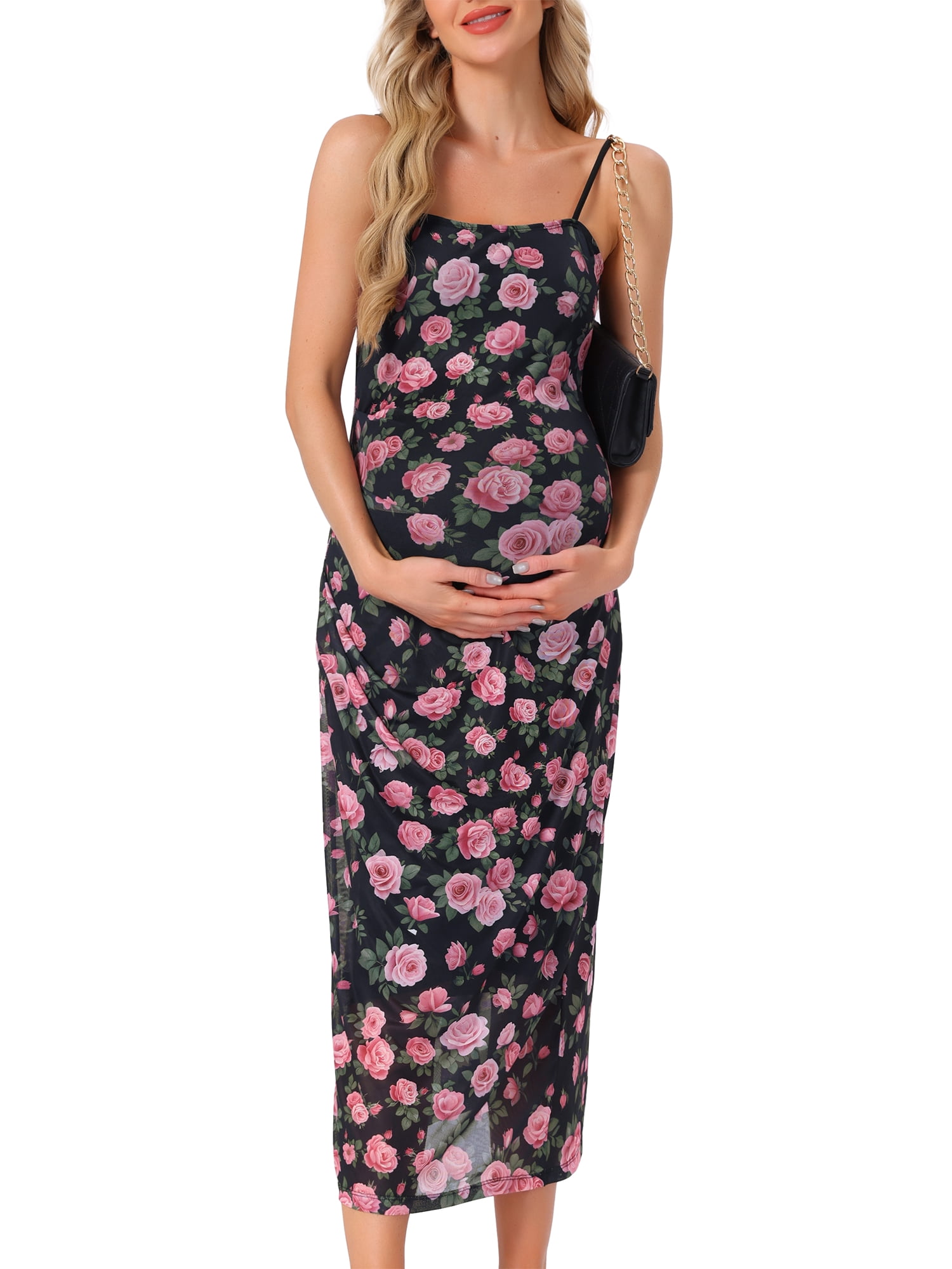 DARING DIVA Women's Mesh Ruched Side Bodycon Spaghetti Strap Maternity Dress L Black