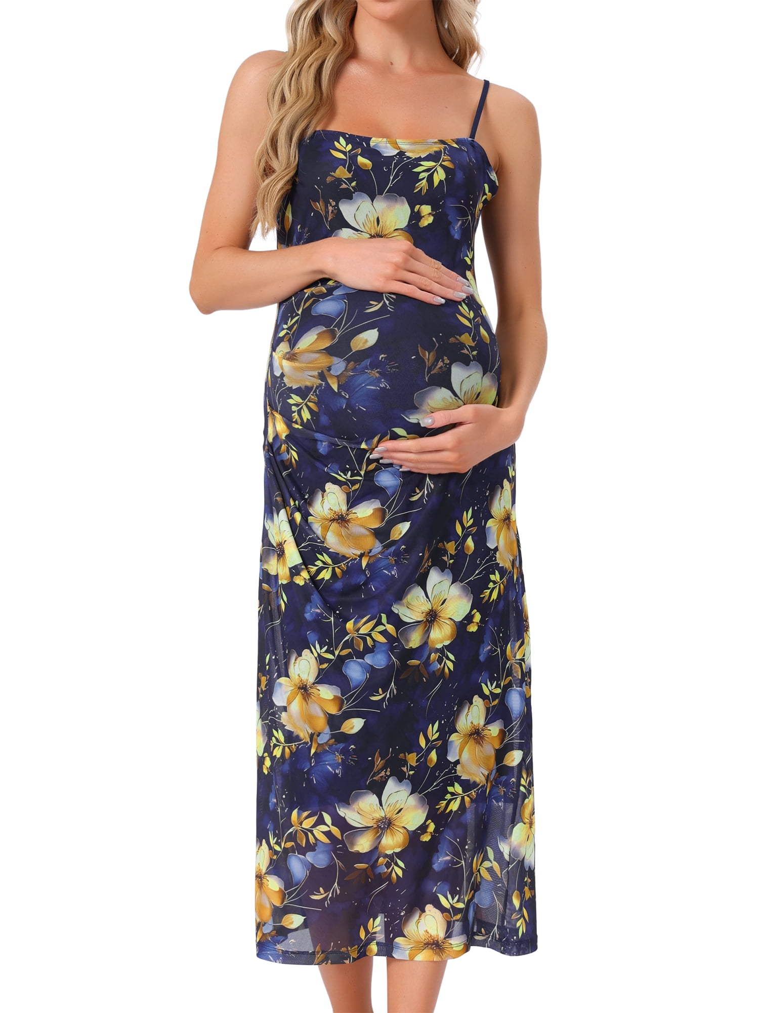 DARING DIVA Women's Mesh Ruched Side Bodycon Spaghetti Strap Maternity Dress XL Deep Blue