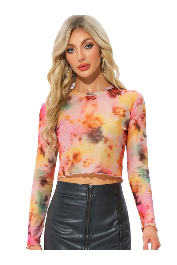 Women's Mesh See Through Long Sleeve Sheer Blouse XS Multicolor Orange