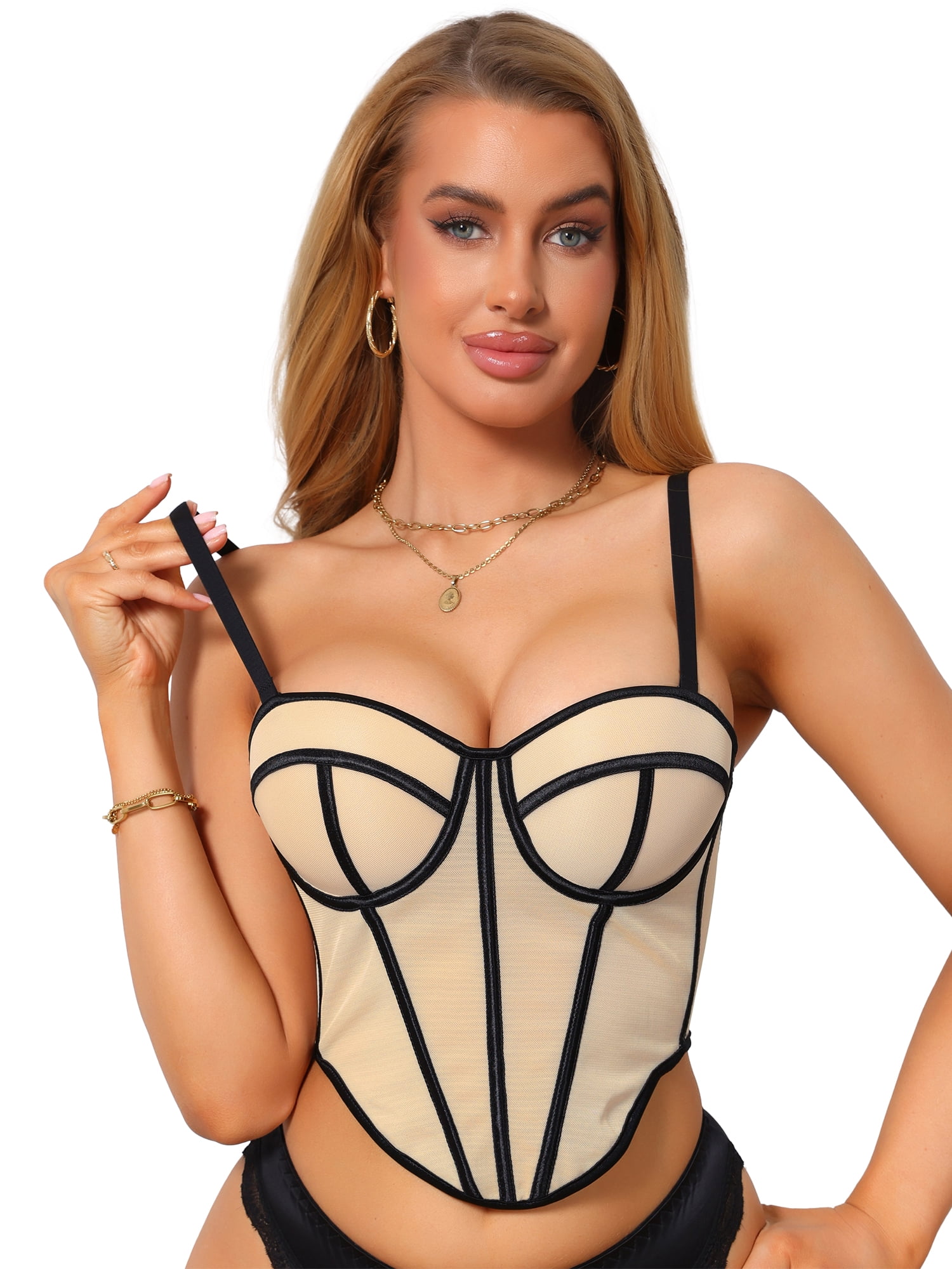 DARING DIVA Women's Mesh Sheer Corset Tops Sleeveless Underwired Bustier S Beige Black
