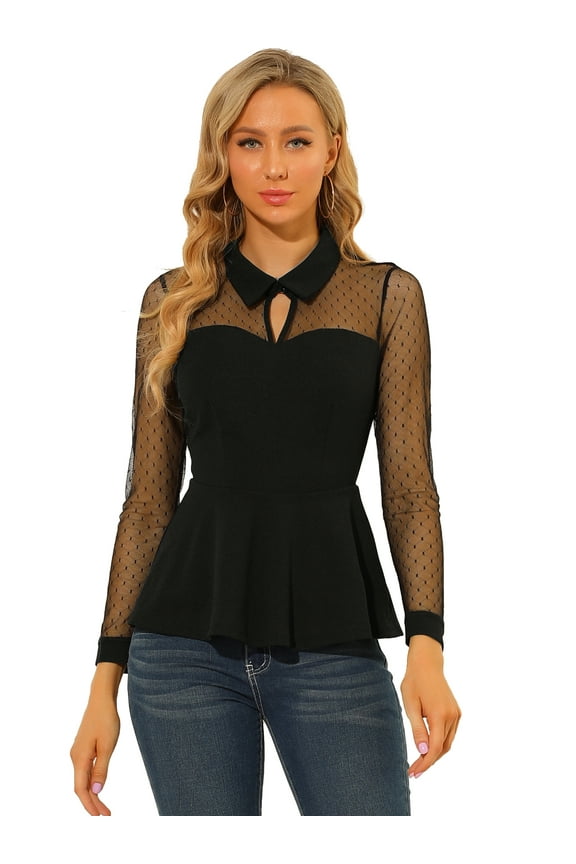 Women's Mesh Sheer Long Sleeve Keyhole Top L Black
