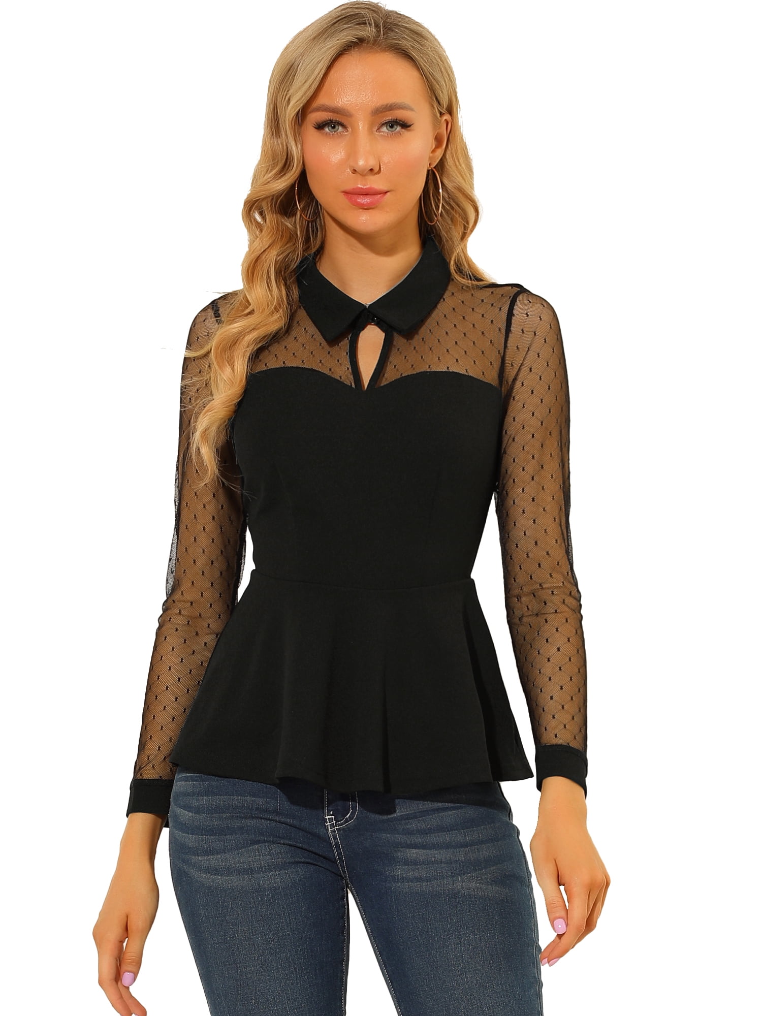 DARING DIVA Women's Mesh Sheer Long Sleeve Keyhole Top S Black