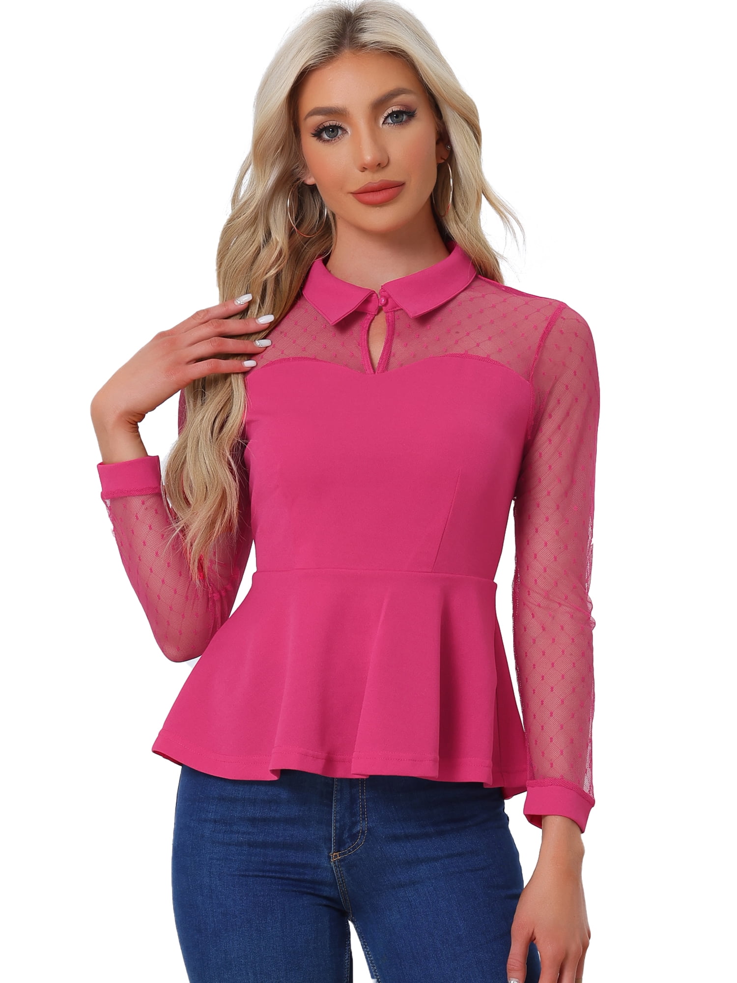 DARING DIVA Women's Mesh Sheer Long Sleeve Keyhole Top S Hot Pink