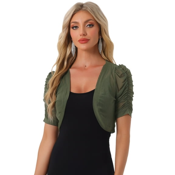 DARING DIVA Women's Mesh Sheer Shrug Cropped Cardigan Bolero L Army Green