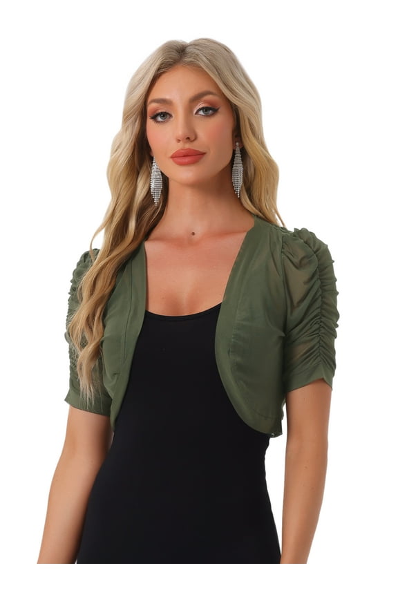 Women's Mesh Sheer Shrug Cropped Cardigan Bolero L Army Green