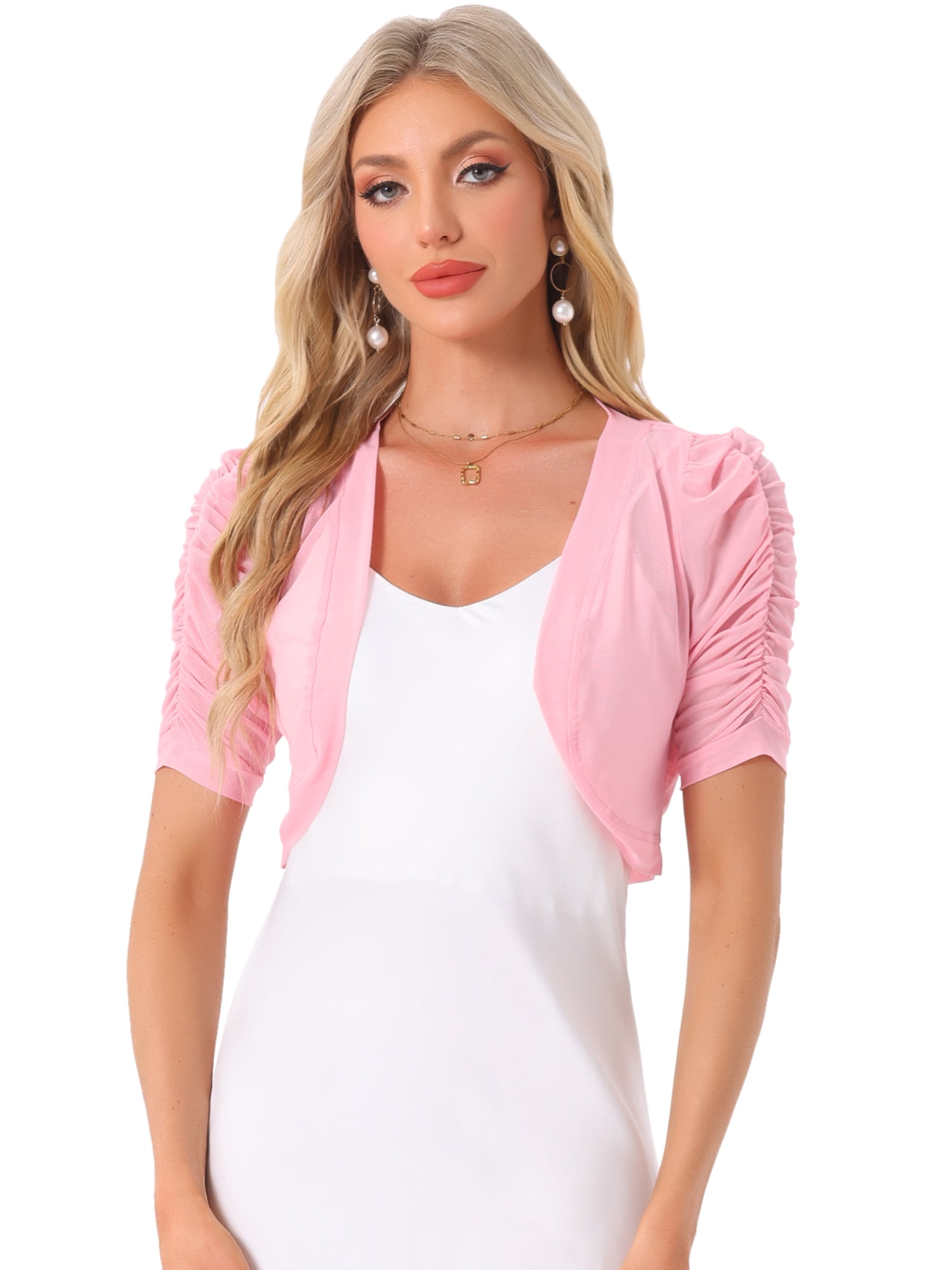 DARING DIVA Women's Mesh Sheer Shrug Cropped Cardigan Bolero M Pink