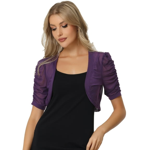 DARING DIVA Women's Mesh Sheer Shrug Cropped Cardigan Bolero M Purple