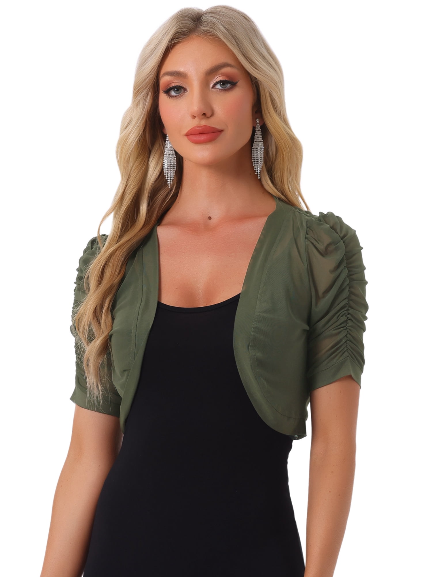 DARING DIVA Women's Mesh Sheer Shrug Cropped Cardigan Bolero S Army Green