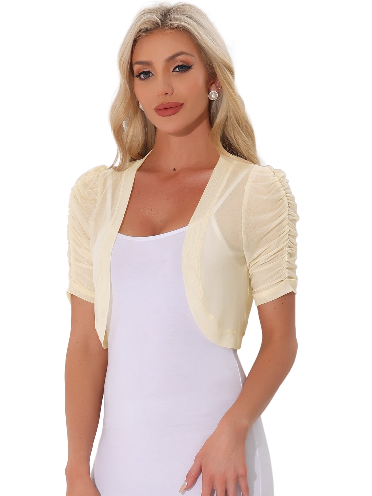 DARING DIVA Women's Mesh Sheer Shrug Cropped Cardigan Bolero S Light Apricot
